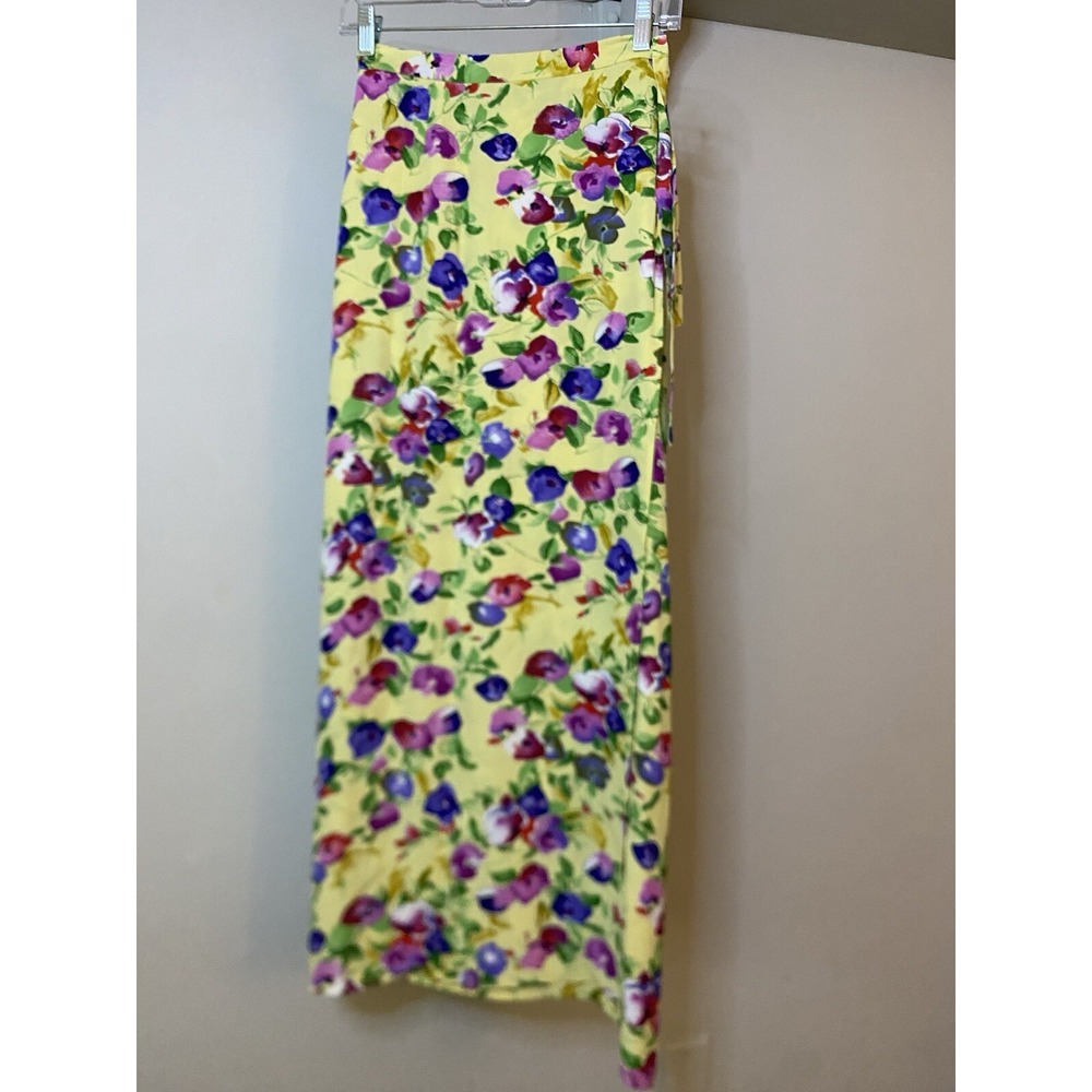 VTG OLIVE Yellow Floral Maxi Wrap Skirt L Cottage Core